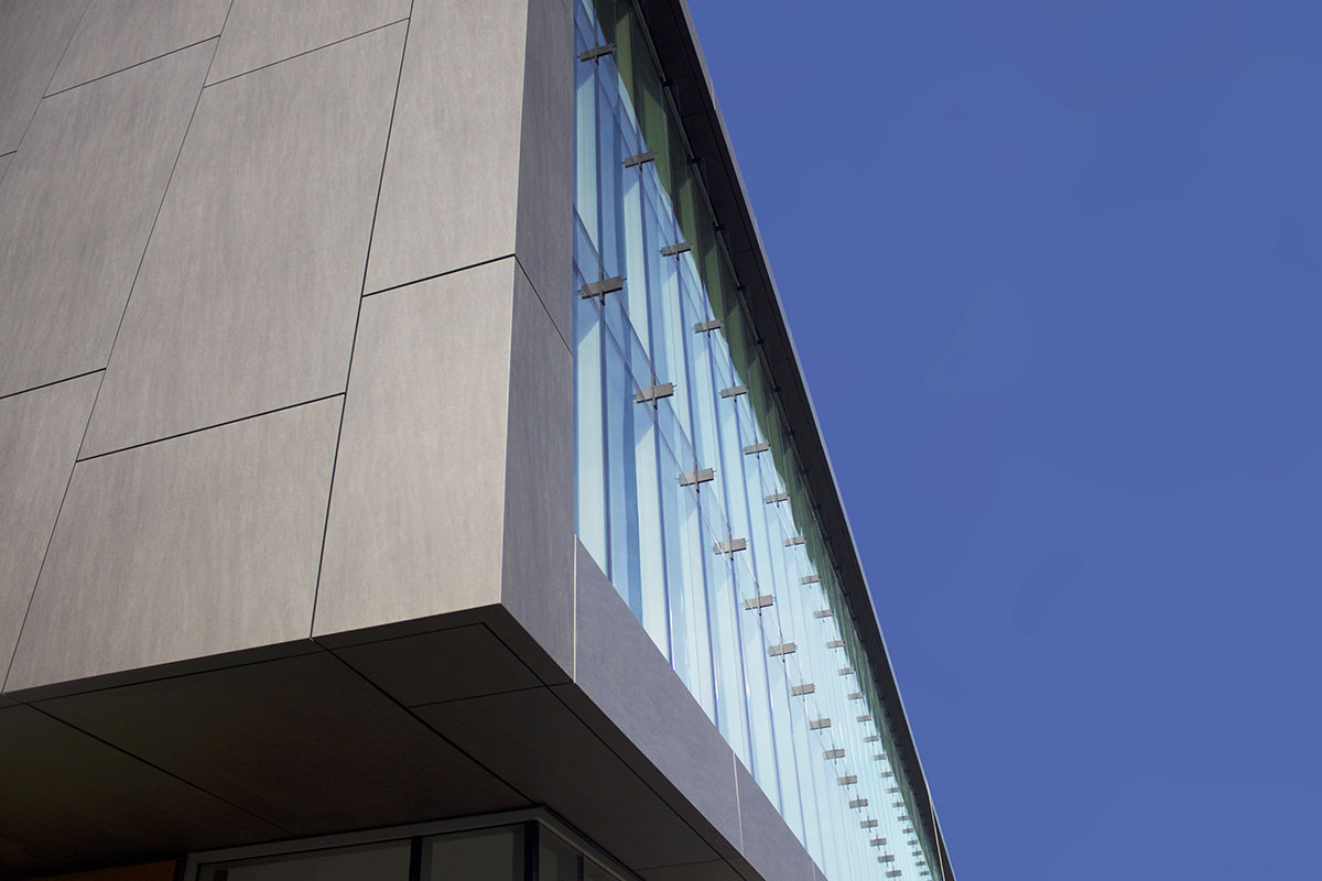 Side fold of grey ceramic facade at Medical Council of Canada.