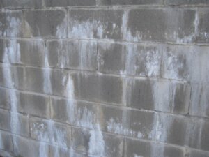 A concrete exterior wall is coated with a crystalline deposit of salts known as primary efflorescence.