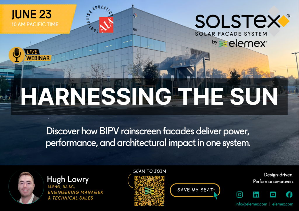 Harnessing the Sun webinar flyer — Elemex Solstex BIPV rainscreen facade, June 23, AIA accredited