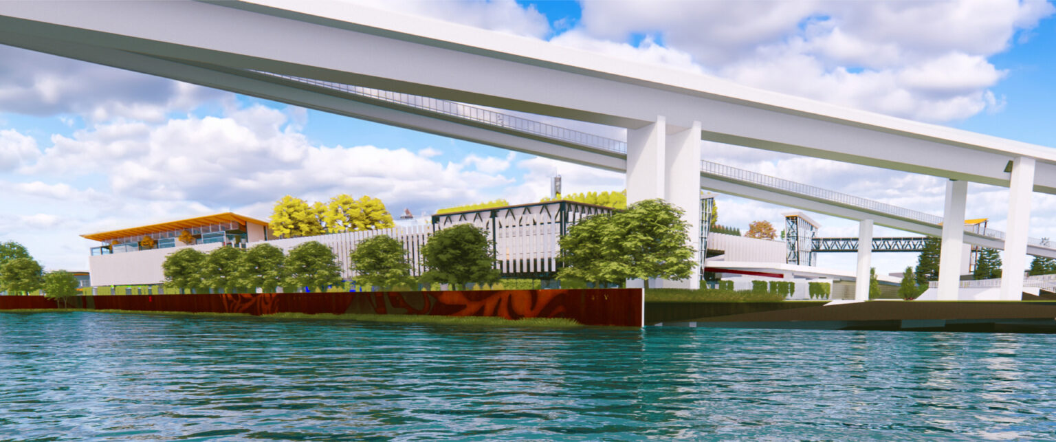 Rendering of the Marpole Transit Centre from the water, looking up past a white elevated bridge structure to the facility and the tree-lined riverbank
