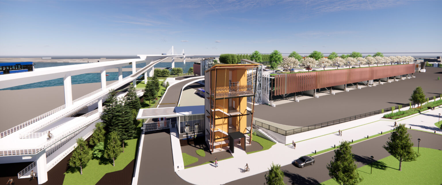 Rendering of the Marpole Transit Centre entrance, with a timber-clad stair tower, a gatehouse signed Marpole Transit Centre, an elevated bikeway at left and a screened deck at right