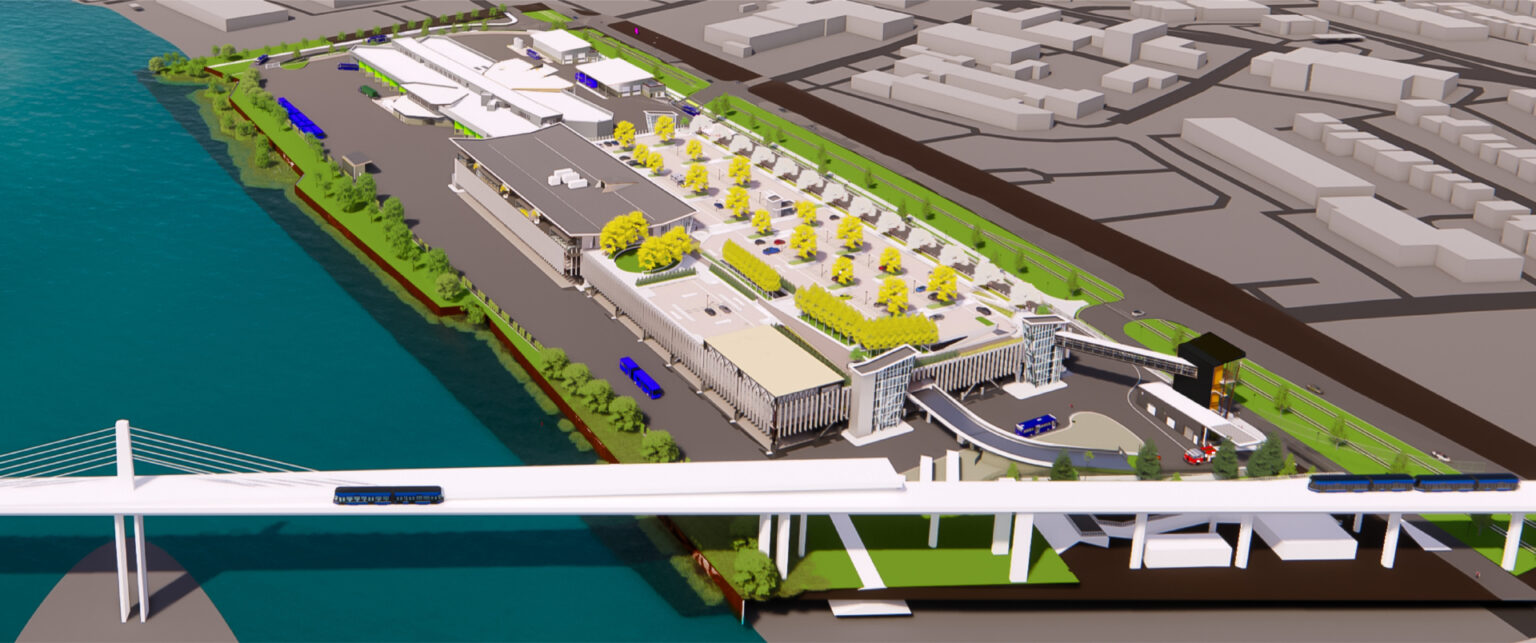 Aerial rendering of the Marpole Transit Centre site beside the river, showing the long multi-level bus facility, surface parking with yellow-leaved trees and a bridge crossing in the foreground